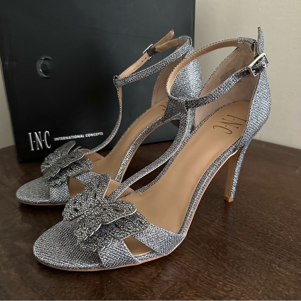 INC Women Rainor Butterfly Pewter Bling Glitter T-Strap Peep Toe Heels Wedding